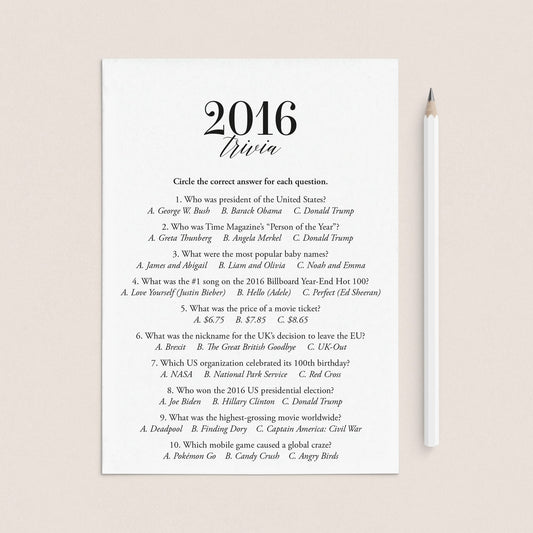 2016 Trivia Quiz with Answer Key Instant Download by LittleSizzle