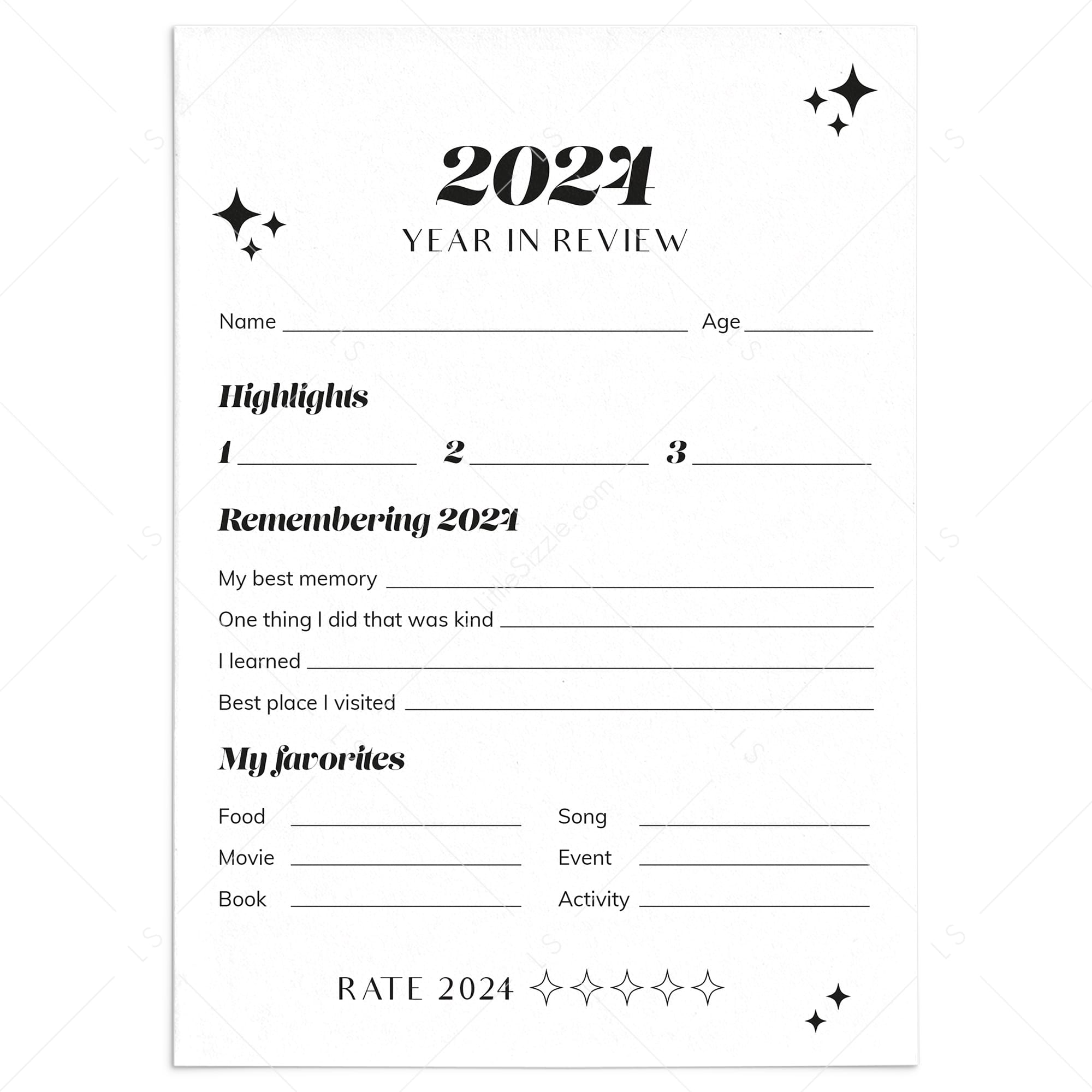 2024 End of Year Review Self Reflection Cards Printable by LittleSizzle