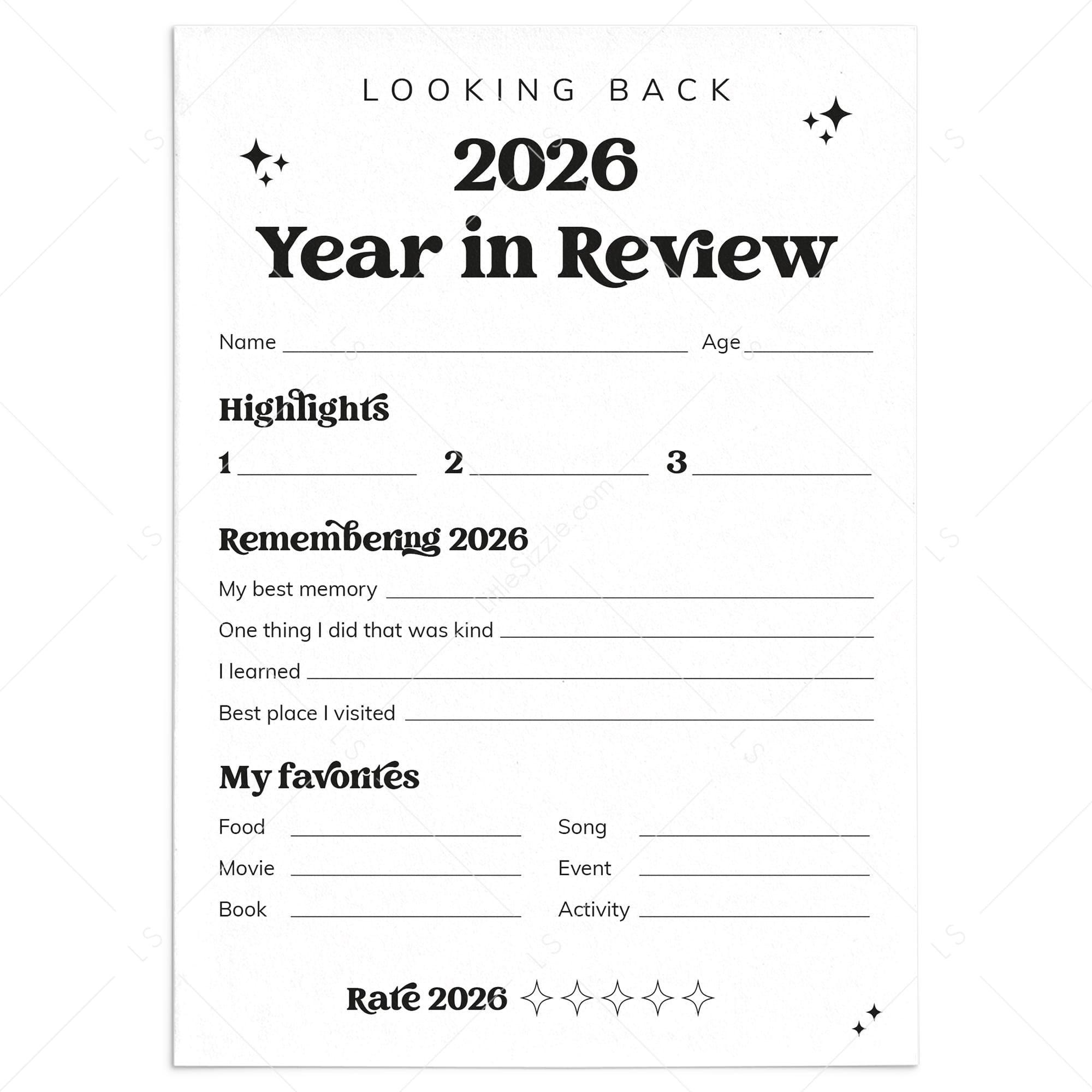 2026 End of Year Review Self Reflection Cards Printable by LittleSizzle