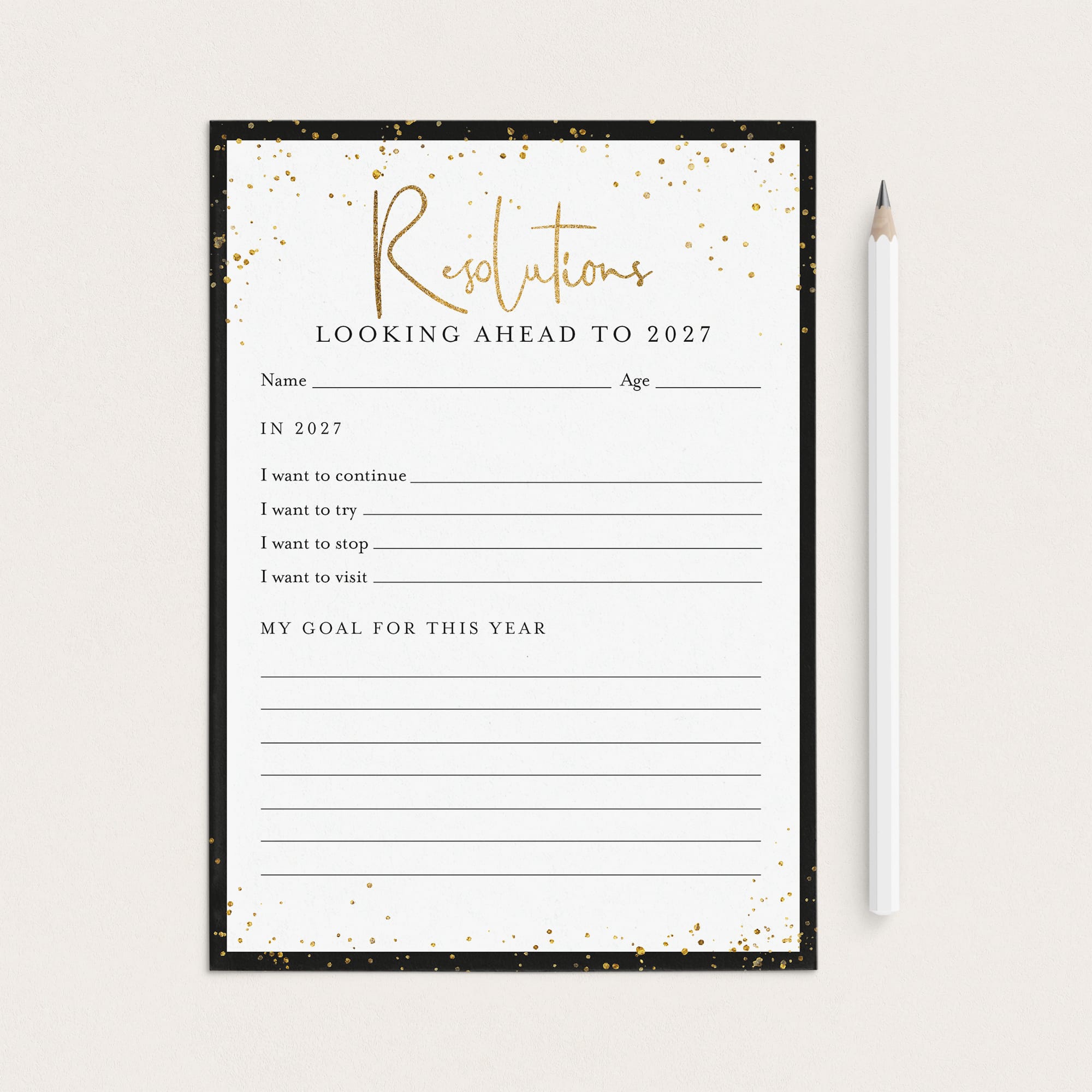 A printed resolution worksheet titled 'Resolutions Looking Ahead to 2027' with lined writing sections, placed on a light beige background next to a white pencil.