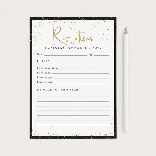 A printed resolution worksheet titled 'Resolutions Looking Ahead to 2027' with lined writing sections, placed on a light beige background next to a white pencil.