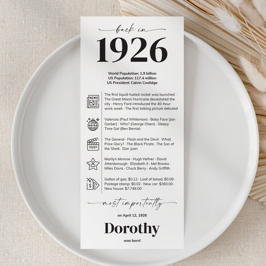 100th Birthday Place Cards Back in 1926 Facts Personalized Printable by LittleSizzle