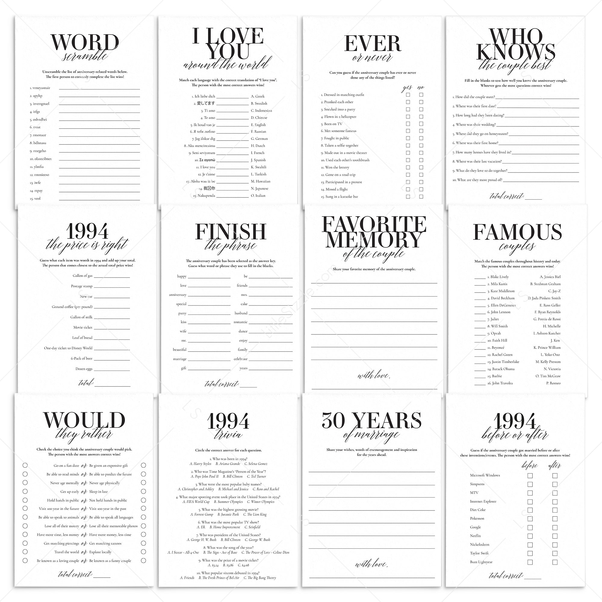 Married in 1994 31st Wedding Anniversary Party Games Bundle by LittleSizzle