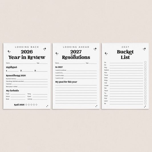 Three minimalist black-and-white printable planner pages for 2026 and 2027, shown on a light beige background. The pages include sections for 'Looking Back' 2026 Year in Review, 'Looking Ahead' 2027 Resolutions, and a 'Bucket List'.