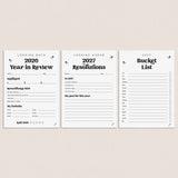 Three minimalist black-and-white printable planner pages for 2026 and 2027, shown on a light beige background. The pages include sections for 'Looking Back' 2026 Year in Review, 'Looking Ahead' 2027 Resolutions, and a 'Bucket List'.