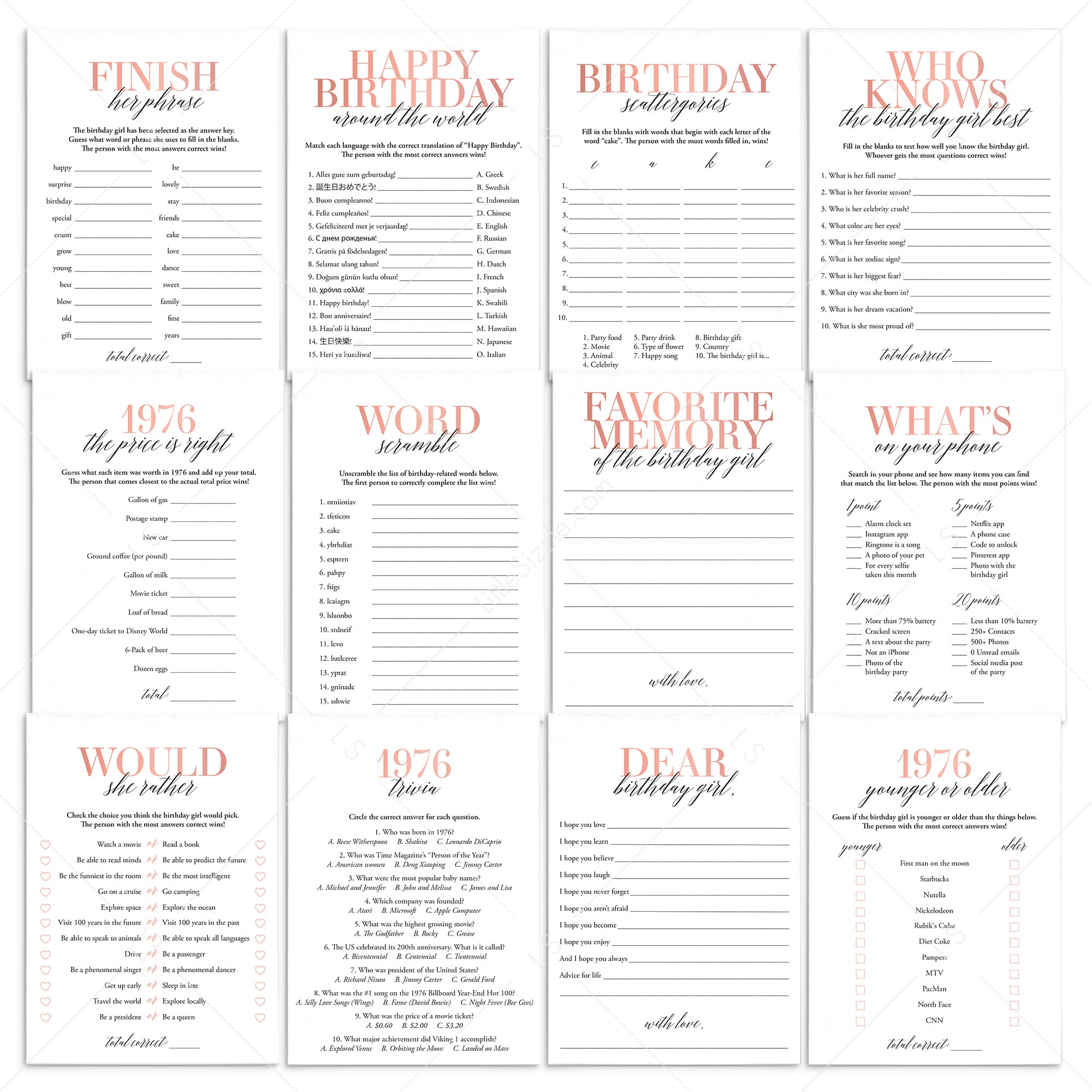 Born In 1976 50th Birthday Party Games Bundle For Women by LittleSizzle