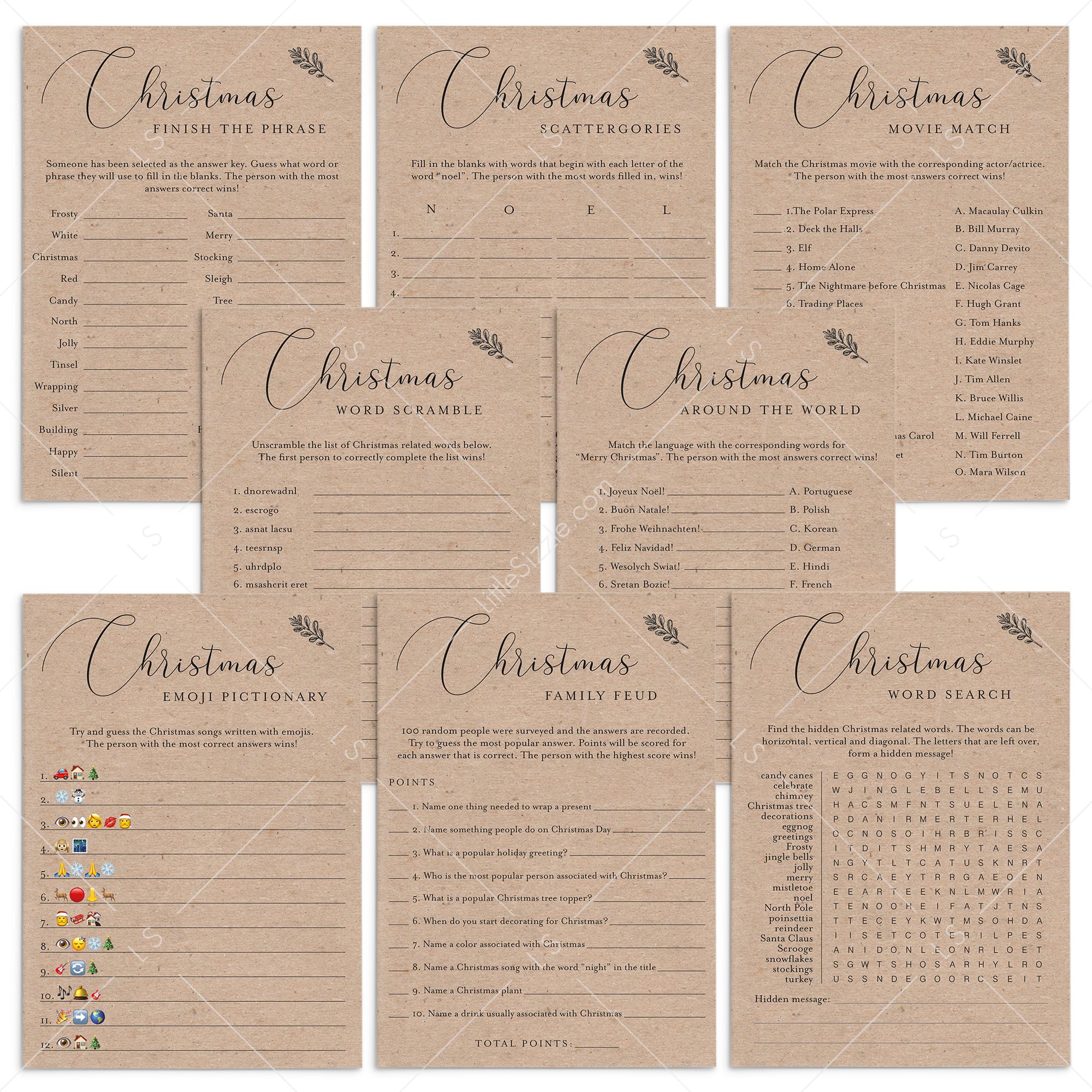 Rustic Christmas Family Games Bundle Kraft Instant Download by LittleSizzle