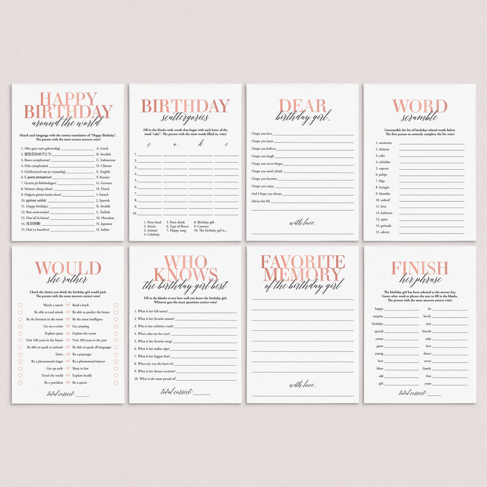 Modern Blush Birthday Games for Her Printable by LittleSizzle