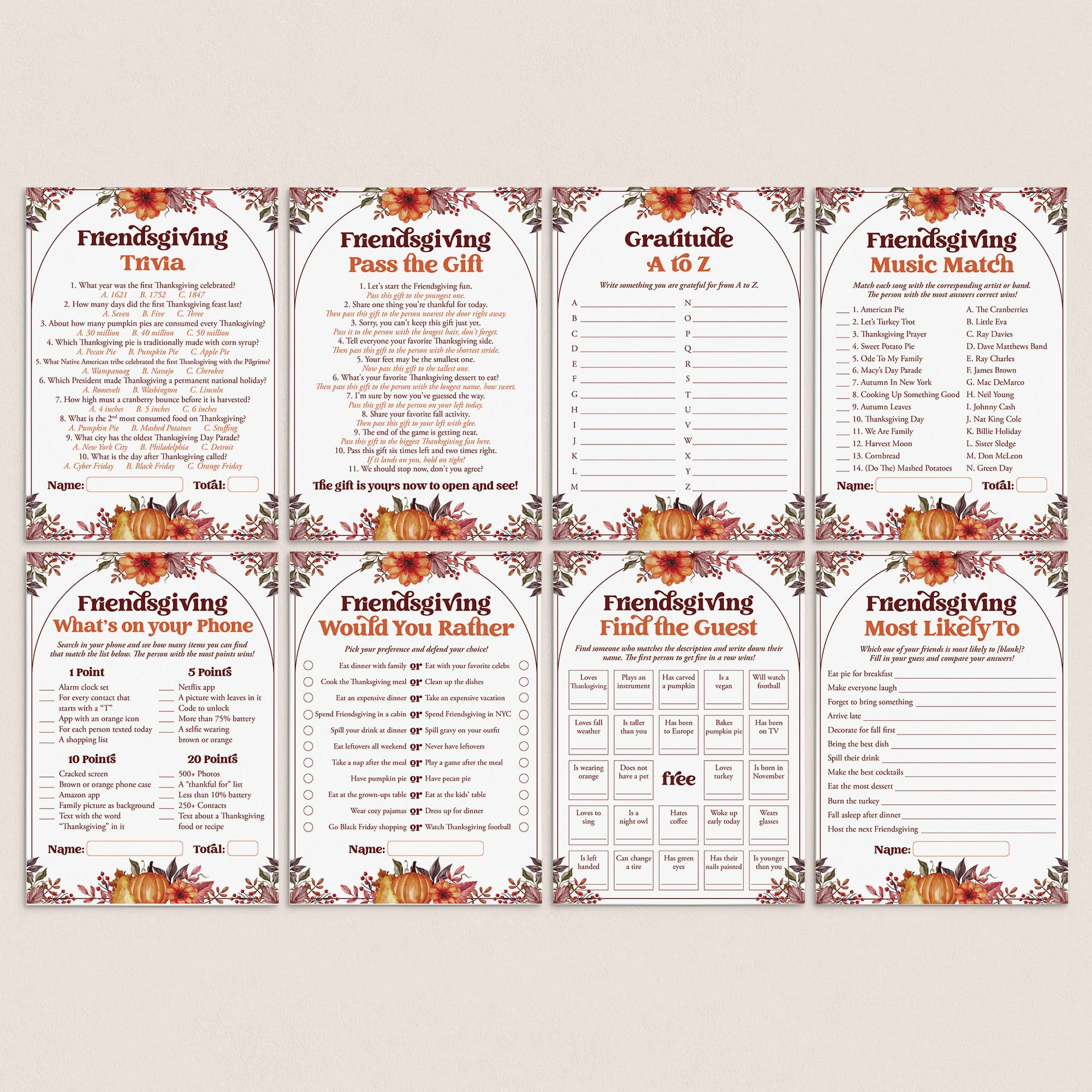 Eight printable friendgiving-themed game cards arranged in a 2x4 grid on a light beige background. The cards feature autumn floral borders, pumpkins, and fall leaves, with titles such as 'Friendgiving Trivia,' 'Graduate A 62,' 'Friendgiving Music Match,' 'What's on your Phone,' 'Would You Rather,' 'Find the Guest,' and 'Most Likely to.