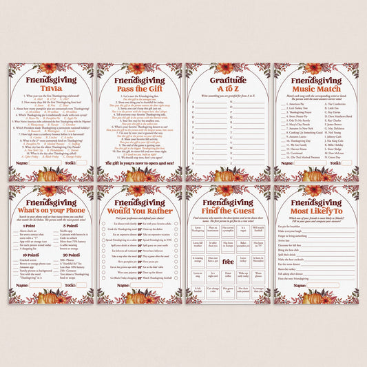 Eight printable friendgiving-themed game cards arranged in a 2x4 grid on a light beige background. The cards feature autumn floral borders, pumpkins, and fall leaves, with titles such as 'Friendgiving Trivia,' 'Graduate A 62,' 'Friendgiving Music Match,' 'What's on your Phone,' 'Would You Rather,' 'Find the Guest,' and 'Most Likely to.