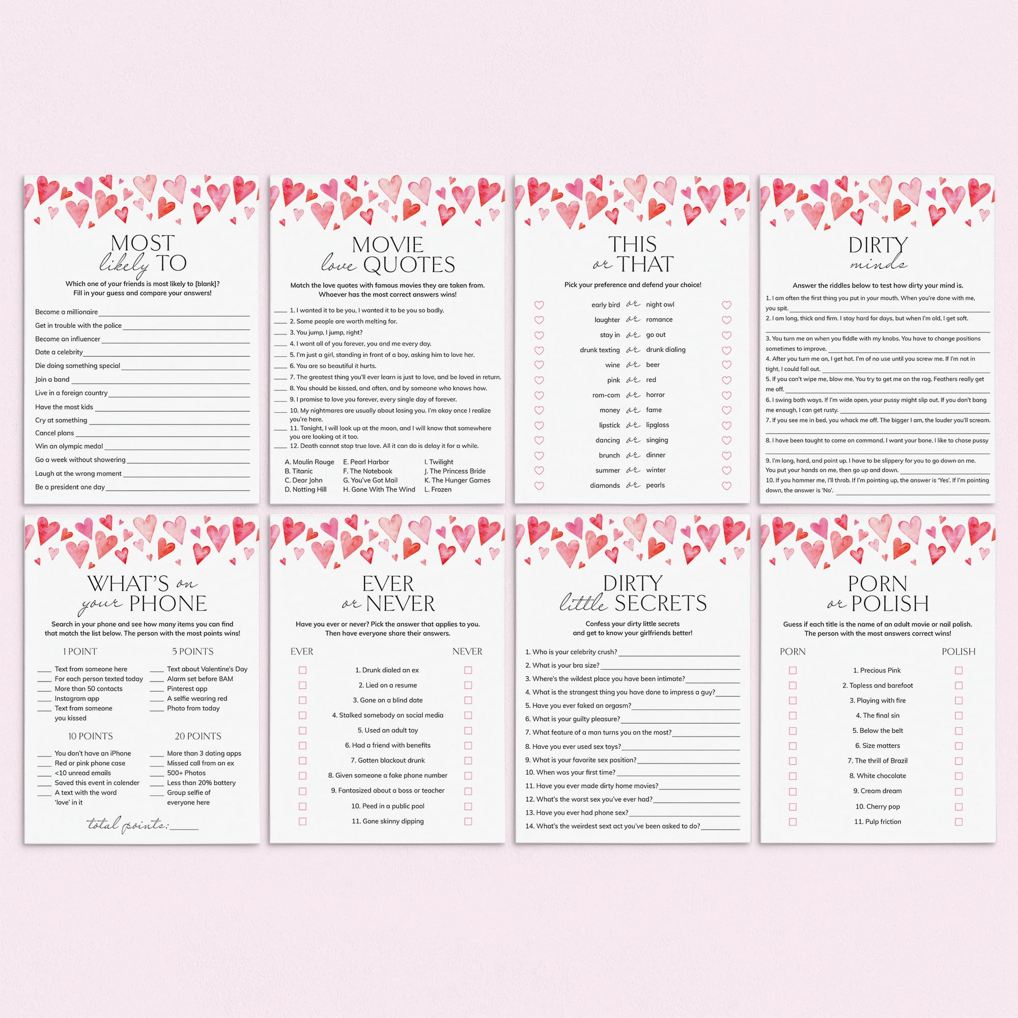 Pink Heart Galentines Day Games for Adults Printable by LittleSizzle