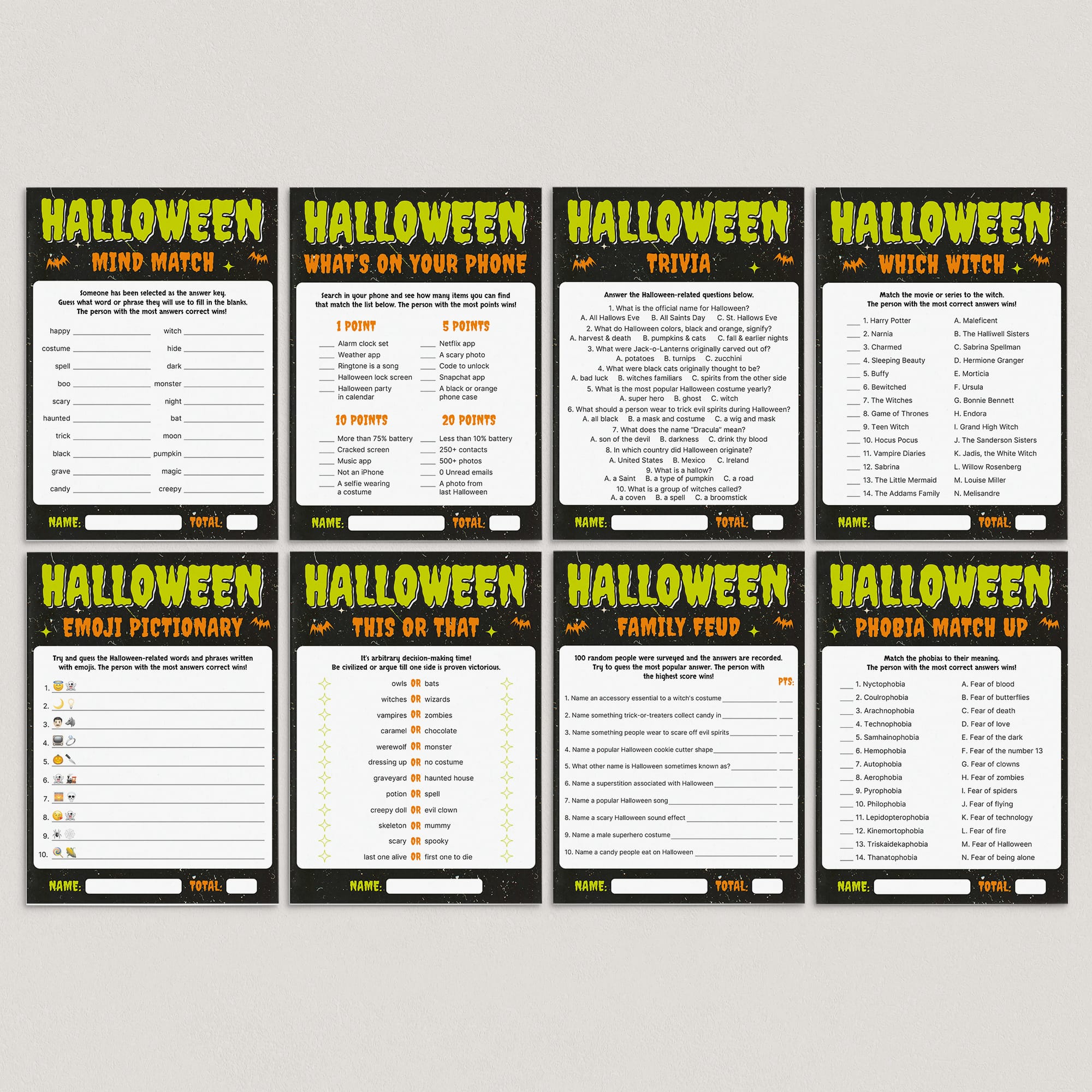 Eight Halloween-themed printable activity sheets arranged in a 2x4 grid on a light gray background. The sheets include matching games, trivia questions, a dictionary exercise, and a family quiz, with spooky black, green, and orange headers and white content areas.