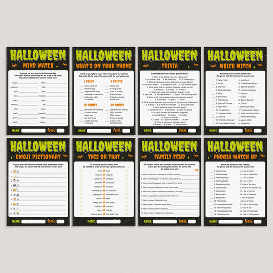 Eight Halloween-themed printable activity sheets arranged in a 2x4 grid on a light gray background. The sheets include matching games, trivia questions, a dictionary exercise, and a family quiz, with spooky black, green, and orange headers and white content areas.