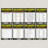 Eight Halloween-themed printable activity sheets arranged in a 2x4 grid on a light gray background. The sheets include matching games, trivia questions, a dictionary exercise, and a family quiz, with spooky black, green, and orange headers and white content areas.