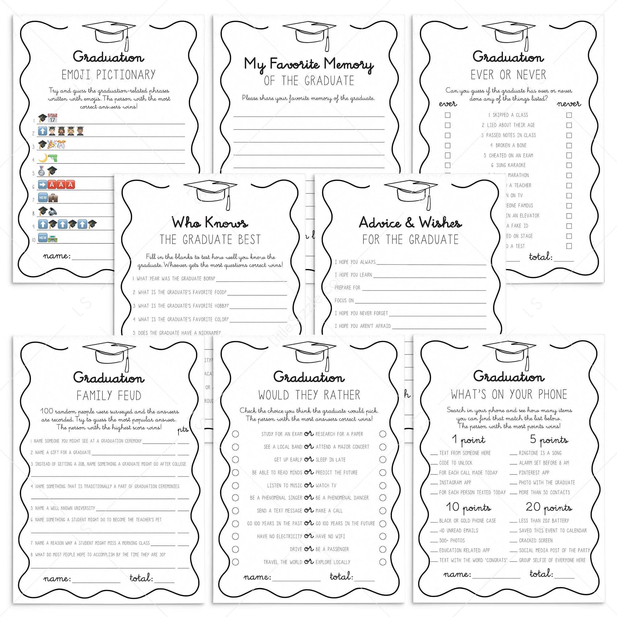 Wavy Border Grad Party Games Bundle Printable by LittleSizzle