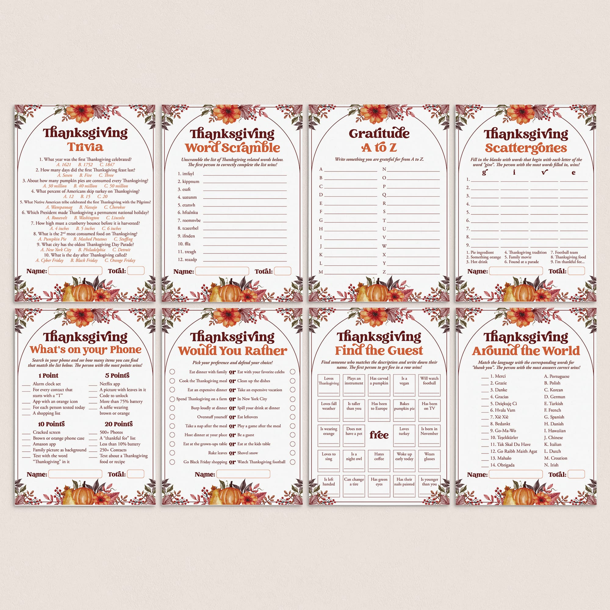 Six printable Thanksgiving-themed activity sheets arranged in a 2x3 grid on a light beige background. The sheets include trivia, word scramble, a 60-second game, scattergories, a theme worksheet, and a world-travel fact game.