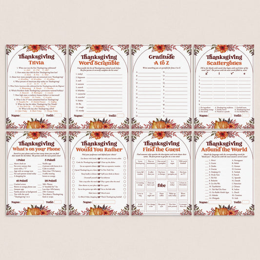 Six printable Thanksgiving-themed activity sheets arranged in a 2x3 grid on a light beige background. The sheets include trivia, word scramble, a 60-second game, scattergories, a theme worksheet, and a world-travel fact game.