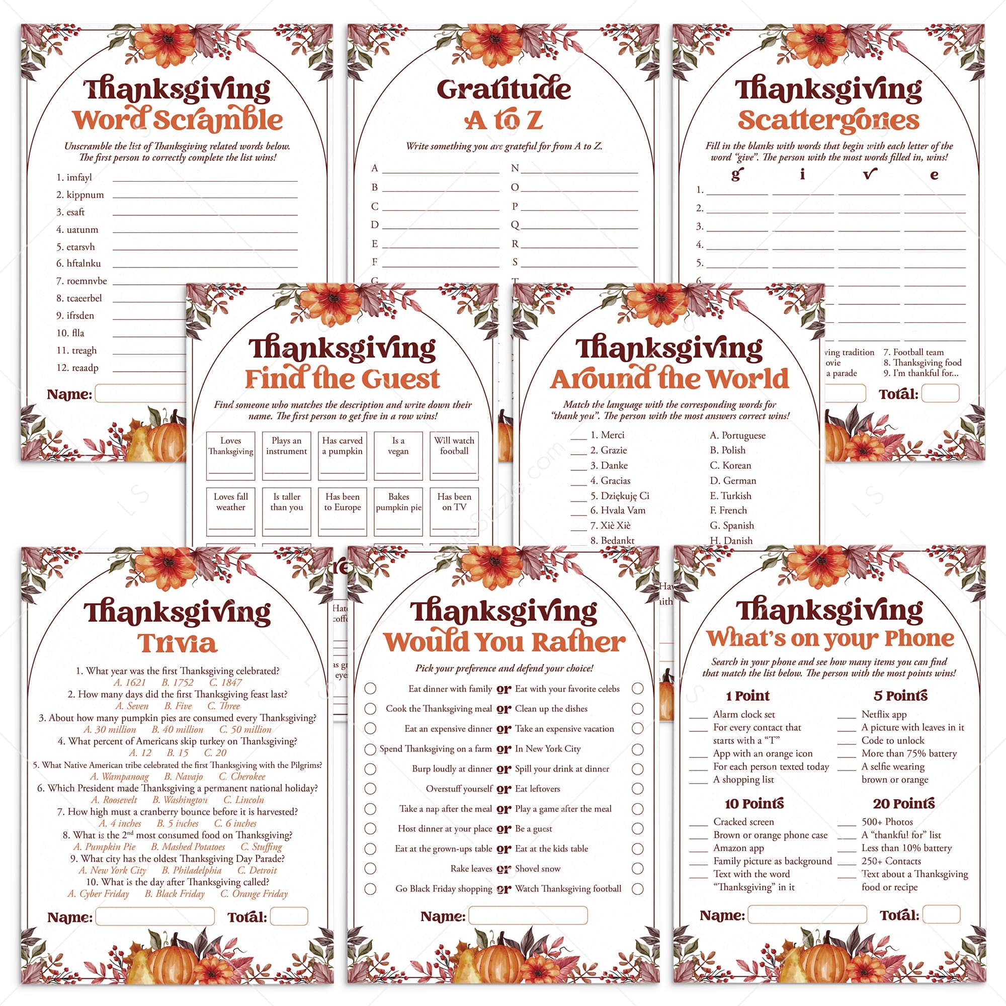 Thanksgiving Games for Adults Printable by LittleSizzle