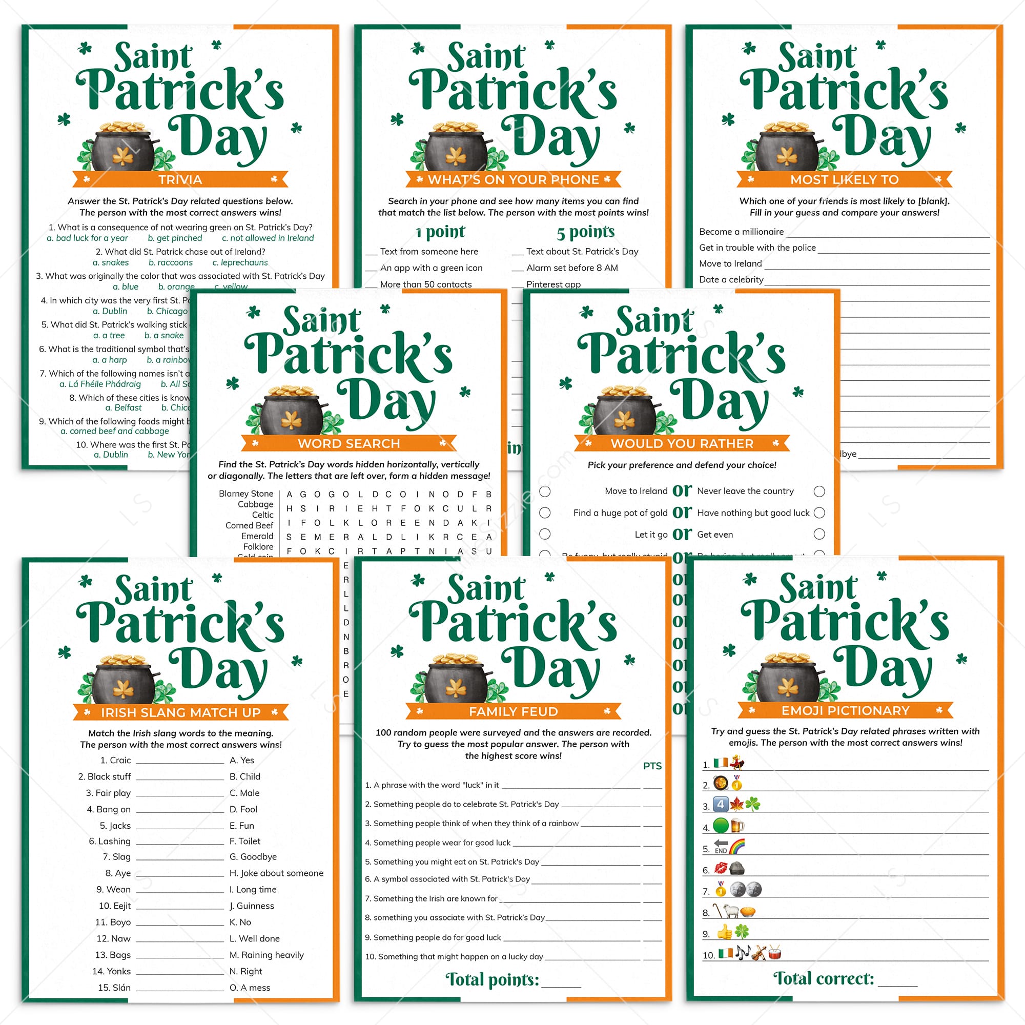 St Patricks Day Game Bundle Printable Green and Orange by LittleSizzle