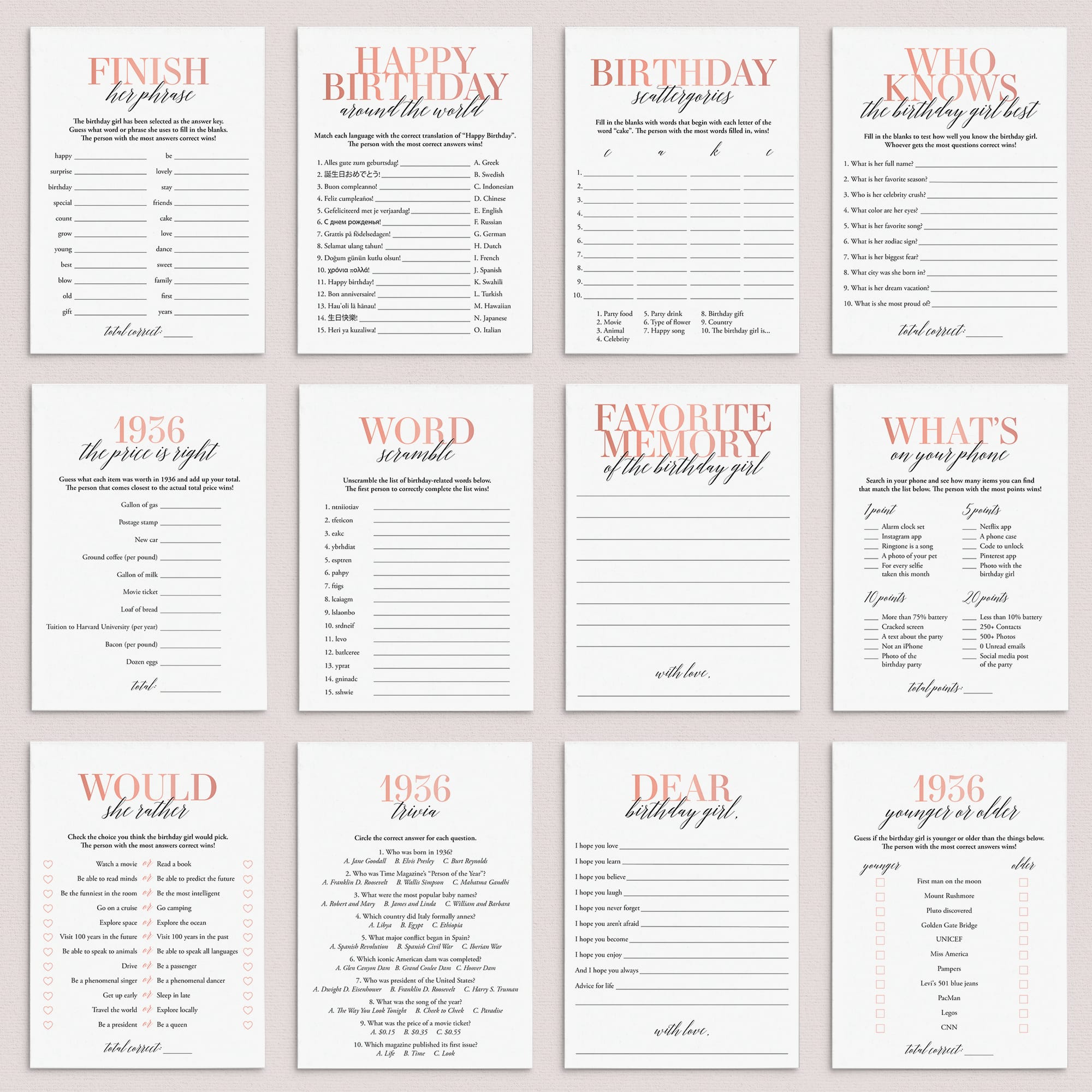 Born In 1936 90th Birthday Party Games Bundle For Women by LittleSizzle