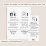 85th Birthday Party Decorations Back in 1941 Table Card