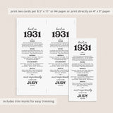 95th Birthday Decorations Born in 1931 Table Card