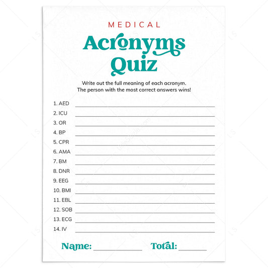 Medical Acronyms Quiz with Answer Key Printable by LittleSizzle