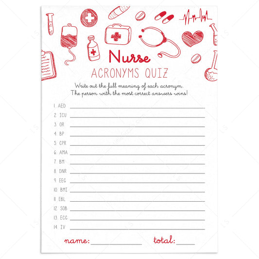 Nurse Medical Acronyms Game with Answer Key Printable