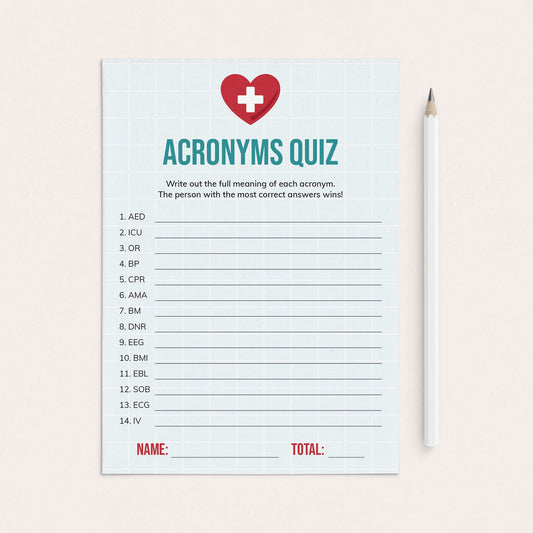 Nurse Party Acronyms Quiz with Answers Printable by LittleSizzle