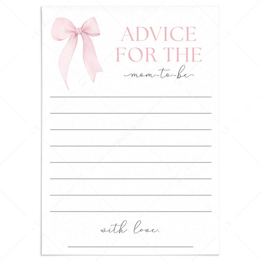 Pink Bow Girl Baby Shower Advice for Mom Cards Printable by LittleSizzle