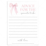Pink Bow Girl Baby Shower Advice for Parents Cards Printable by LittleSizzle