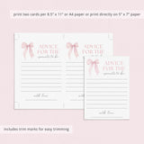 Pink Bow Girl Baby Shower Advice for Parents Cards Printable