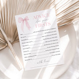 Pink Bow Themed First Birthday Party Advice Cards Printable