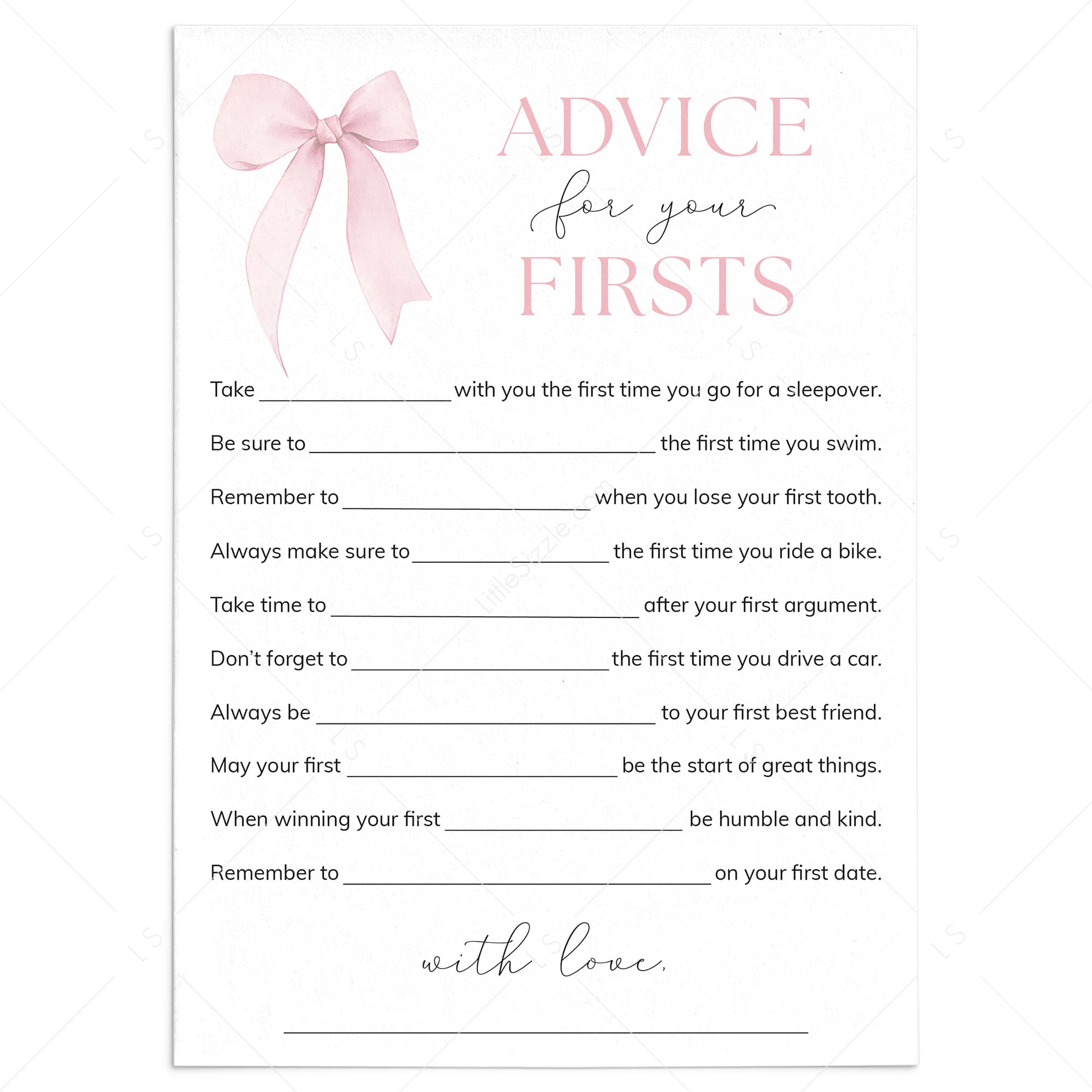 Pink Bow Themed First Birthday Party Advice Cards Printable by LittleSizzle