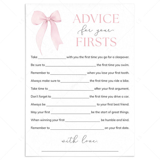 Pink Bow Themed First Birthday Party Advice Cards Printable by LittleSizzle