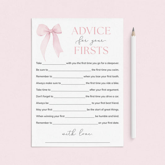 Pink Bow Themed First Birthday Party Advice Cards Printable by LittleSizzle