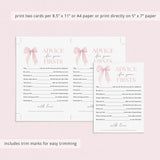 Pink Bow Themed First Birthday Party Advice Cards Printable