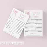 Pink Bow Themed First Birthday Party Advice Cards Printable