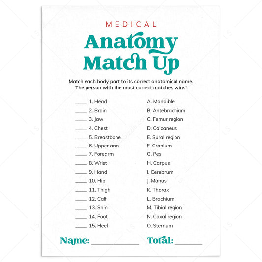 Medical Party Game Anatomy Match Up with Answers Printable