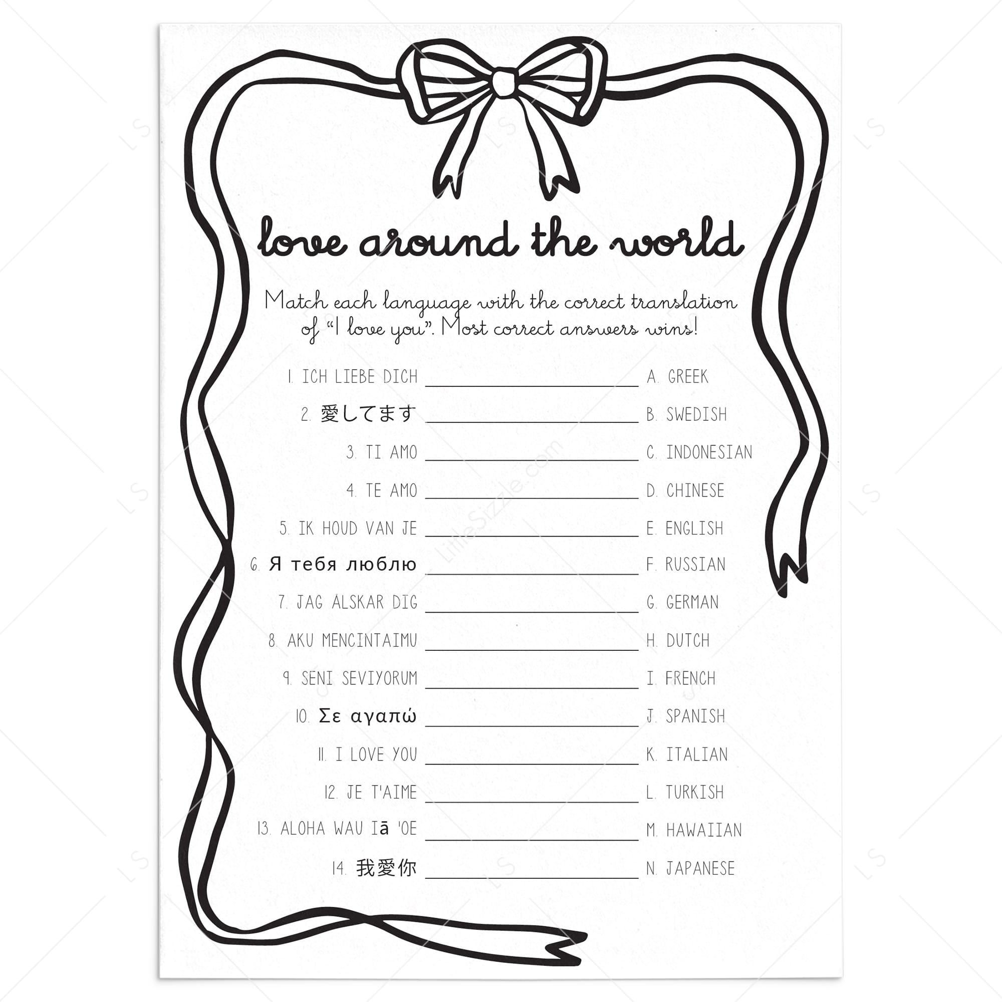Printable Love Around The World Game with Answer Key by LittleSizzle
