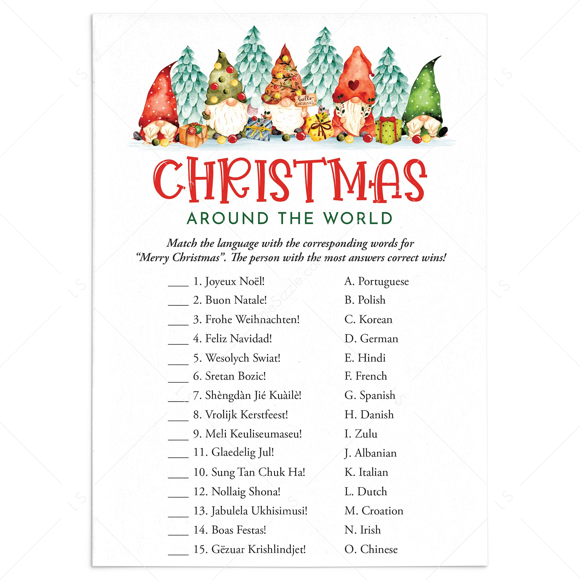 Printable Merry Christmas Around The World Game with Answers by LittleSizzle