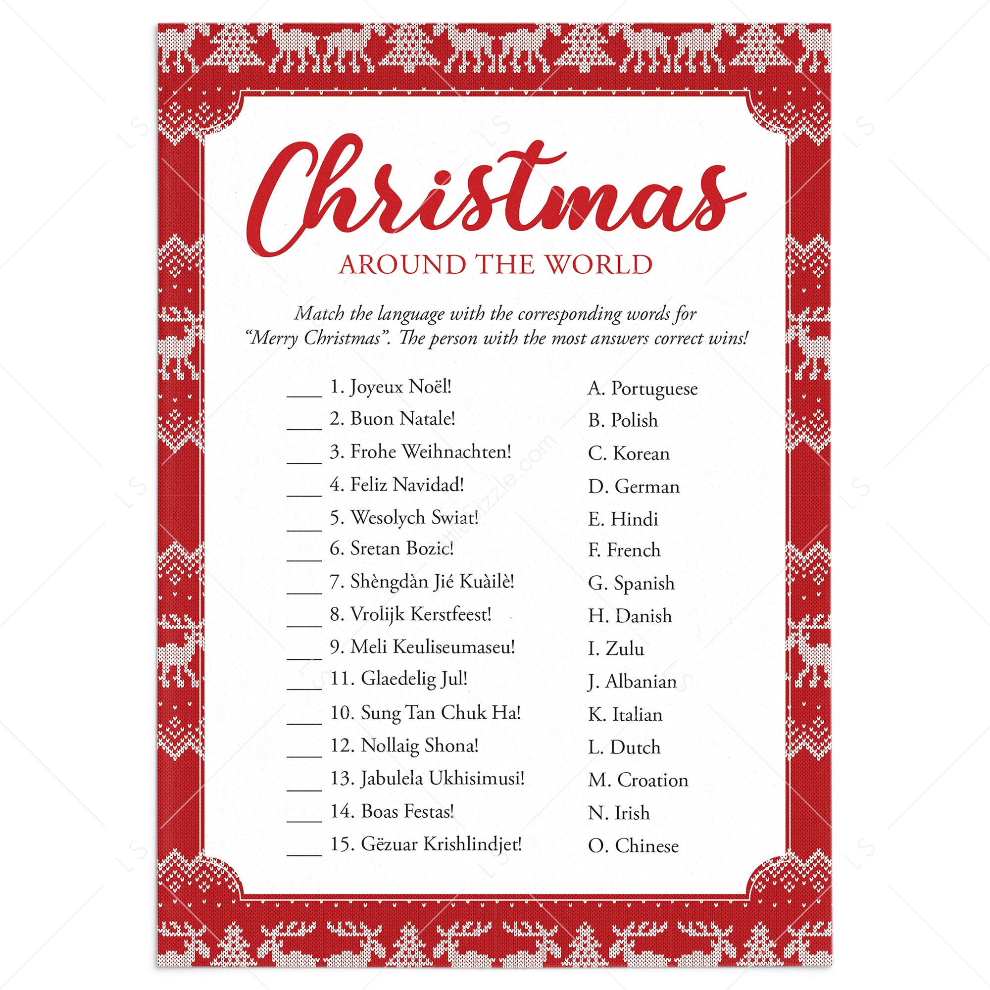 Merry Christmas In Different Languages Quiz with Answers Printable by LitlleSizzle