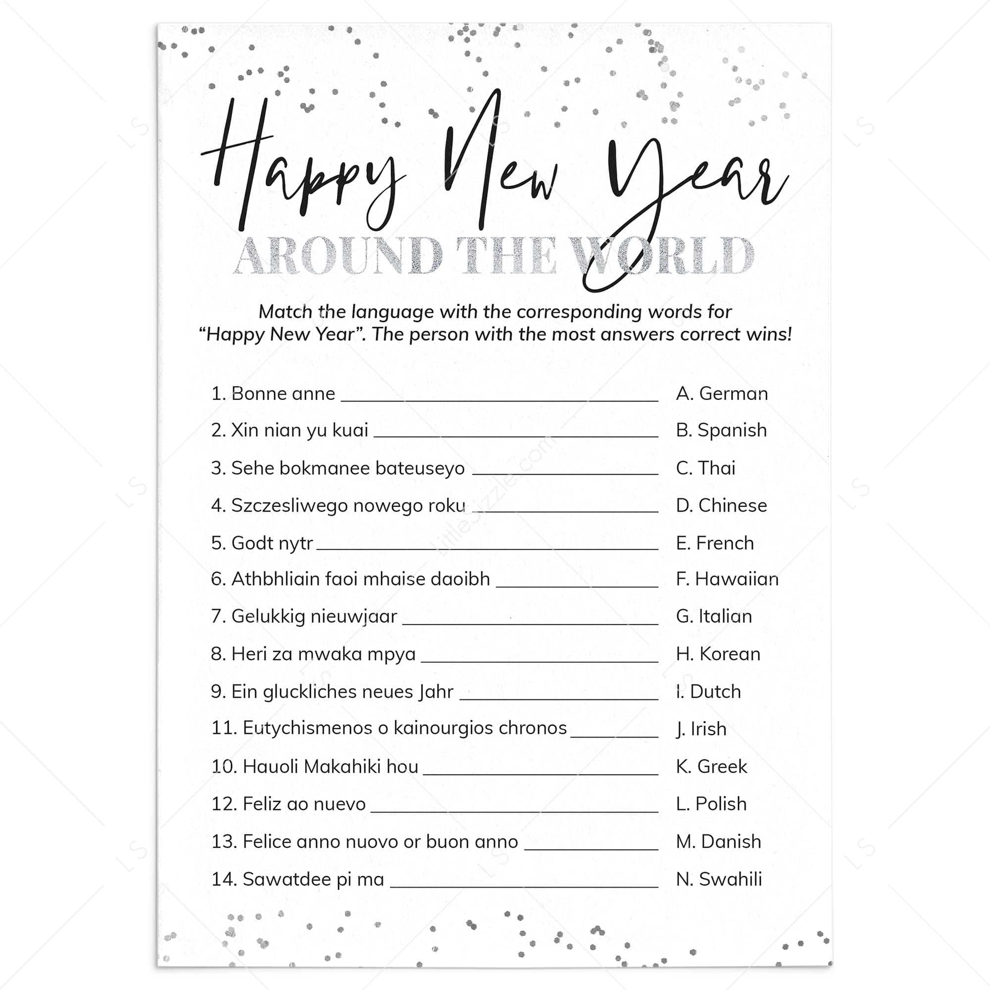 Happy New Year Language Game With Answer Key Printable by LittleSizzle