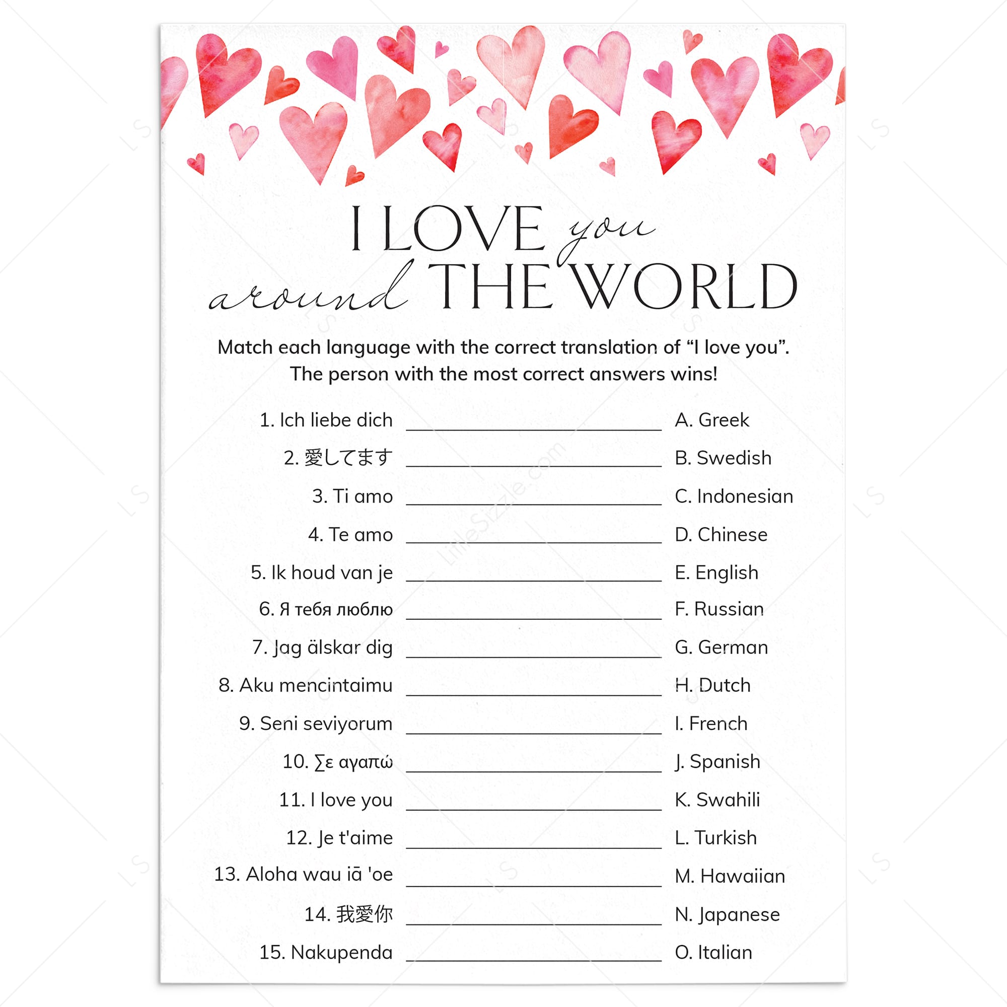 I Love You In Different Languages Game Digital Download by LittleSizzle