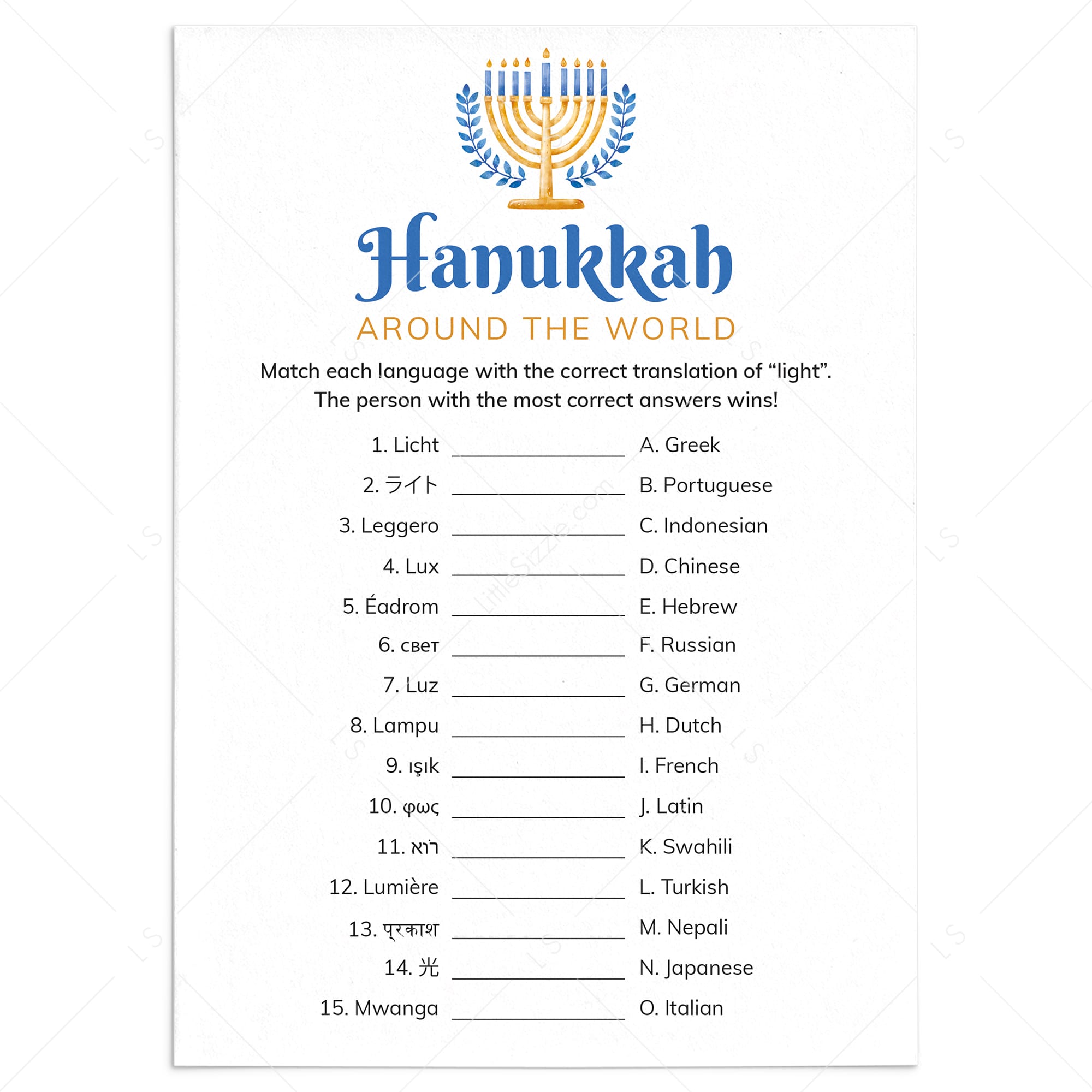 Printable Hanukkah Game Around The World with Answer Key by LittleSizzle