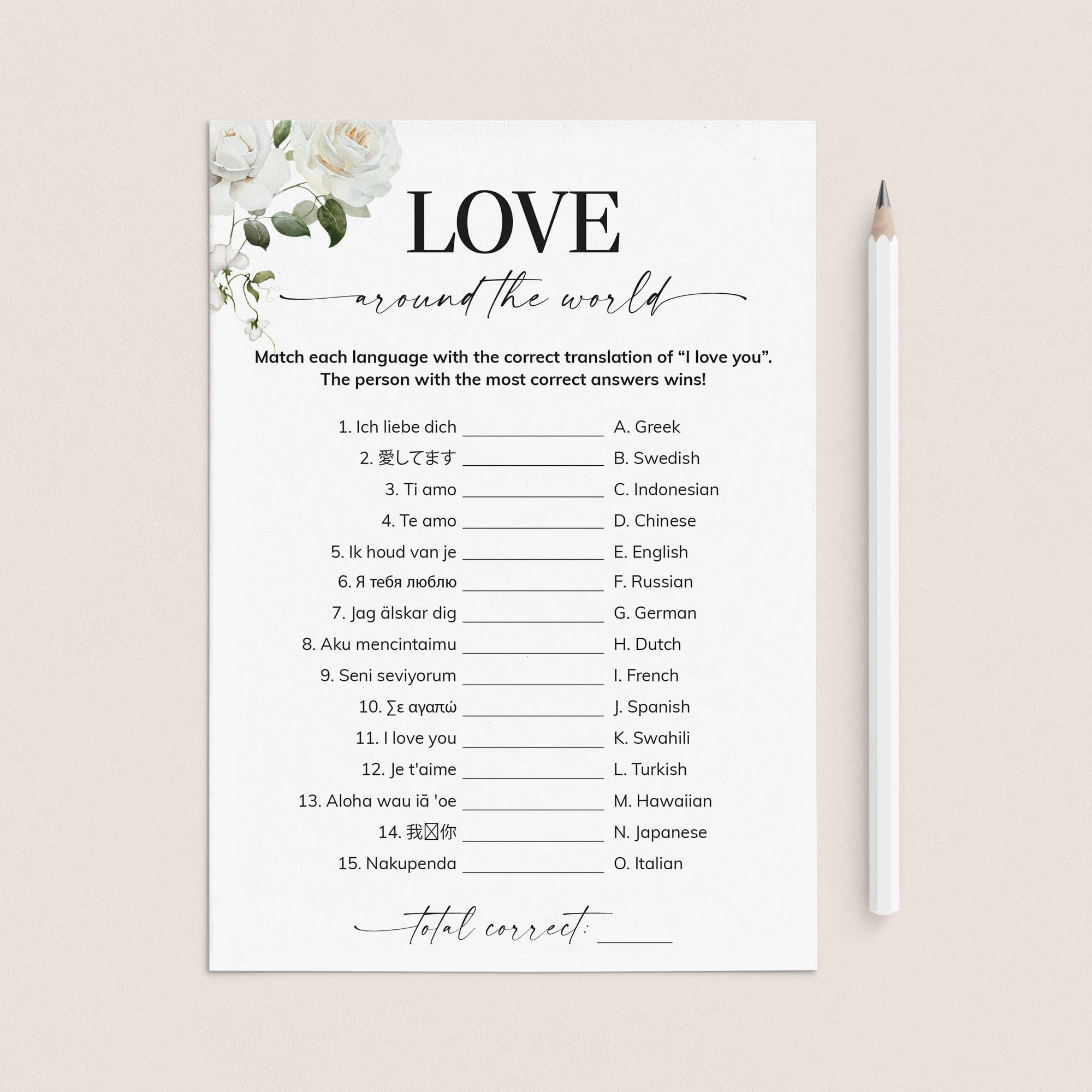White Floral Game I Love You Around The World Answers Included by LittleSizzle