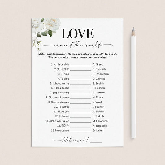 White Floral Game I Love You Around The World Answers Included by LittleSizzle