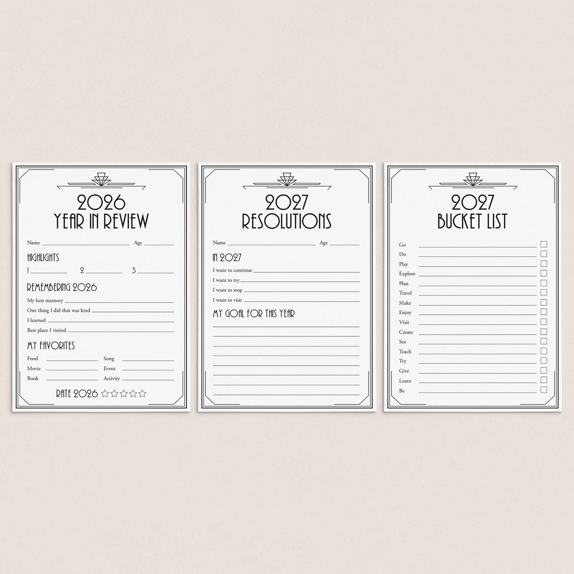 Three printable planner pages for 2026 and 2027 displayed side by side on a light beige background. The pages feature elegant gray and black borders with classic typography, including sections for '2026 Year in Review', '2027 Resolutions', and '2027 Bucket List'.