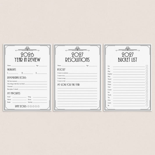 Three printable planner pages for 2026 and 2027 displayed side by side on a light beige background. The pages feature elegant gray and black borders with classic typography, including sections for '2026 Year in Review', '2027 Resolutions', and '2027 Bucket List'.