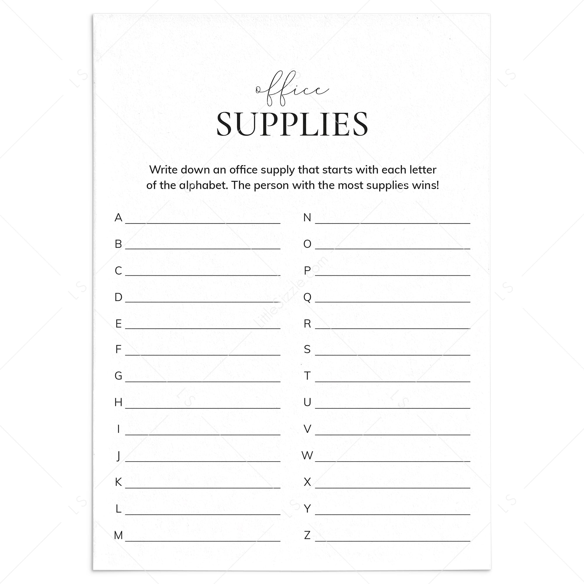Simple Office Party Game Printable A To Z Office Supplies by LittleSizzle